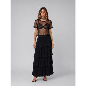 Zara Sheer Mesh Top Black Pearls Beaded See Through Short Sleeve Size M (A)